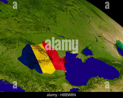 Map of Romania with embedded flag on planet surface. 3D illustration. Elements of this image furnished by NASA. Stock Photo