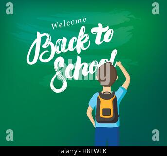Welcome Back to School hand written lettering calligraphy. Schoolboy writing on the blackboard with chalk. Schoolchild standing  Stock Vector