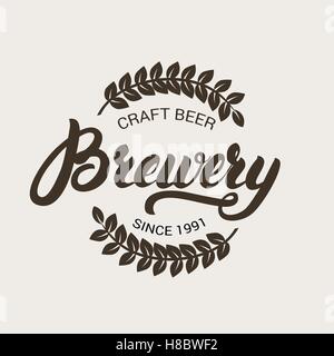 Vintage brewery logotype, badge, label, emblem. Hand written lettering with barley ears. Vector illustration. Stock Vector