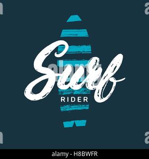 Surf rider hand written lettering. Brush texture. Typography, tee print graphics, apparel design. Surfboard background. Vector i Stock Vector