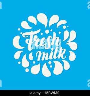 Fresh milk hand written lettering. Milk logo, label or badge for groceries, agriculture stores, packaging and advertising. Logot Stock Vector