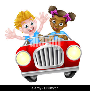 Two cartoon kids having fun driving fast in a car on a road trip Stock Photo