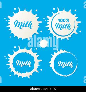 Milk and cream blots set. White smudges splashes drops on blue background. Milk hand written lettering. Vecor illustration. Stock Vector