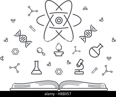 Science concept knowledge base - open book with chemical and physical elements of energy, dna, microscope, atoms, molecules. Lin Stock Vector