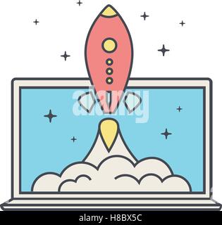 Startup business concept. Flat design illustration. Rocket takes off laptop. Stock Vector