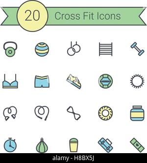 Set of crossfit gym equipment color line icons of dumbbells, fitball, protein, stopwatch, punching bag, workout clothes and othe Stock Vector
