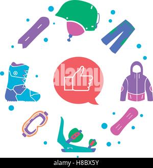 Creative winter sport infographic, flat snowboarding elements and tools of helmet, mask, jacket, boot, pants and icon hand like. Stock Vector