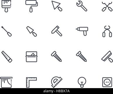 Vector line icon set of house remodel. House remodel elements. Repair and construction tool adn equipment icon set. Stock Vector