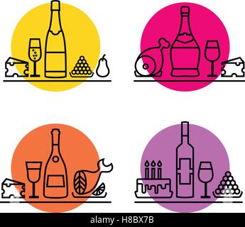 Wine icons set. Festive party dinner line icons: champagne, cheese, meat, fish, fruit, cake, red wine, italian wine, french wine Stock Vector
