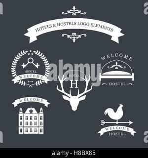 Vintage emblem with deer, kyes, weather vane, bed and old building for your hotel and hostel logo. Stock Vector