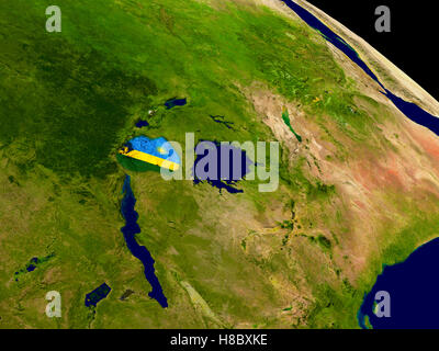 Rwanda with embedded flag on planet surface during sunrise. 3D ...