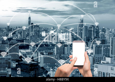 Wifi icon and Bangkok city with network connection concept, Shanghai smart city and wireless communication network, abstract Stock Photo