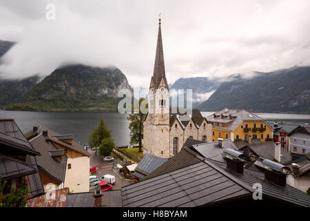 View of Hallstatt town with lake and mountains in the background, Austria Stock Photo
