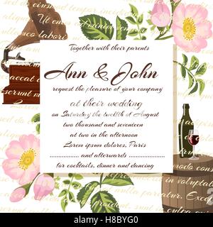 Vintage card with flowers. Dog-rose flower, gramophone, bottle of wine with glass and text on the background. Greeting postcard  Stock Vector