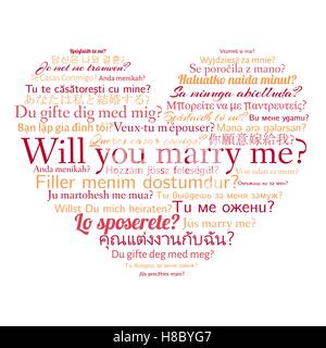 Phrase will you marry me in different languages. Words in cloud in the shape of heart.Vector illustration. Stock Vector