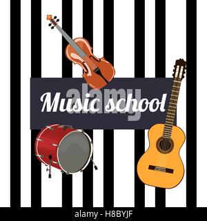 Music school Sign. Musical instruments and black keys on the background Violin, guitar and drum . Stock Vector