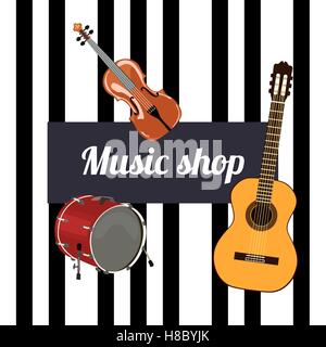 Music shop Sign. Musical instruments and black keys on the background. Violin, guitar and drum. Stock Vector