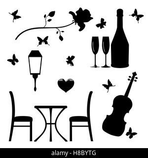 Set of flat icons for romantic evening. Small table with chairs, violin, rose, bottle of wine with glasses, lantern, butterflies Stock Vector