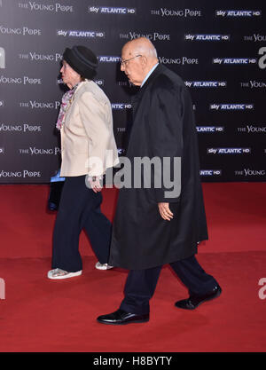 Giorgio Napolitano and Clio attending the photocall and preview screening of 'The Young Pope,' at The Space Cinema Moderno in Rome, Italy.  Featuring: Giorgio Napolitano, Clio Where: Rome, Italy When: 09 Oct 2016 Credit: IPA/WENN.com  **Only available for Stock Photo
