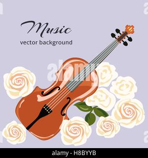 Classical violin with white roses. Musical background. vector Stock Vector