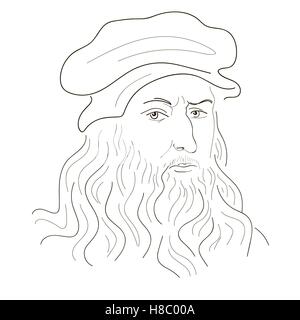 Leonardo Da Vinci. Sketch illustration. Black and white. Vector. Stock Vector