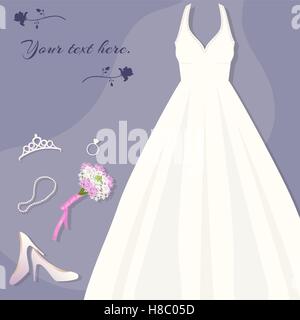 Bride's set. Wedding dress, tiara, ring, shoes bouquet necklace Stock Vector