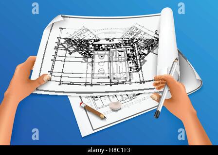 hand draws a drawing with a pencil, ruler and eraser Stock Vector