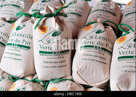 Sachets of green lentils from Le Puy. Stock Photo
