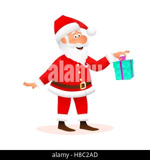 Santa Claus flat character isolated on white background. Standing funny old man is holding Christmas gift with ribbon and smilin Stock Vector