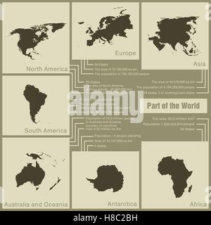 infographics parts of the world in the earth colors with data and numbers Stock Vector