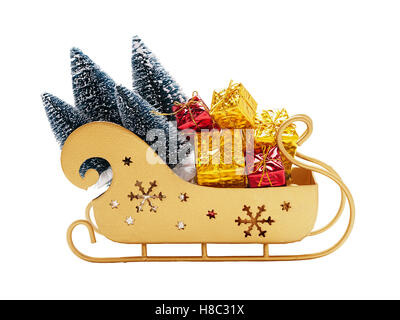 Full sleigh of Santa Claus with gifts of gold color isolated Stock Photo