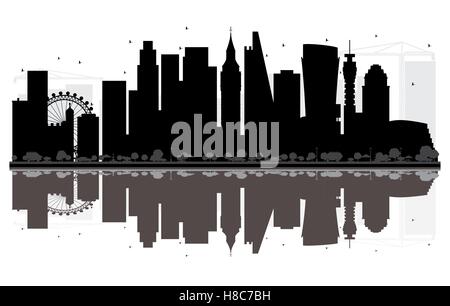 London City skyline black and white silhouette with Reflections. Vector illustration. Simple flat concept for tourism Stock Vector