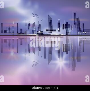 Harbor and city at night with reflection in water Stock Vector