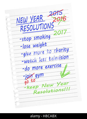 New year resolutions 2017 list - same again. Isolated on white. Stock Photo