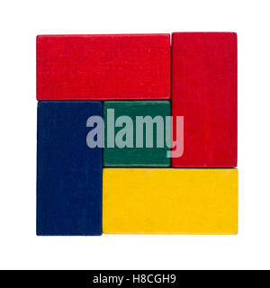 square abstract color composition with wood toy building blocks isolated on white Stock Photo