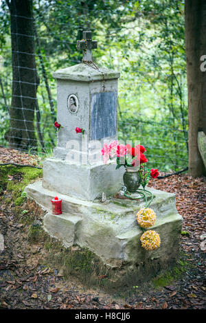 A roadside shrine to the memory of Elvira Orlandini, a young girl murdered in the woods near Toiano in Tuscany in 1947 Stock Photo