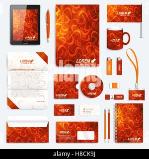 Red set of vector corporate identity template. Modern business stationery mockup. Tablet pc letterhead envelope, letter, card, p Stock Vector