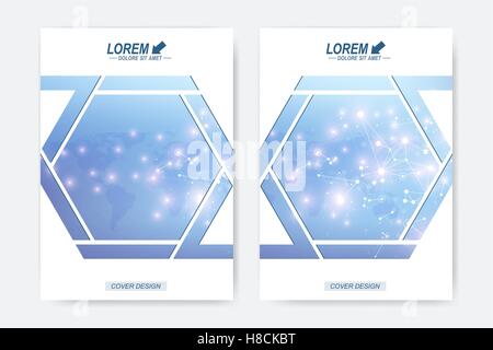 Modern vector template for brochure, Leaflet, flyer, cover, booklet, magazine or annual report. Geometric background molecule and communication. DNA Molecule Structure and Concept of Neurons. Stock Vector