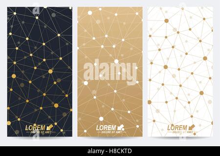 Modern golden set of vector flyers. Modern stylish polygonal pattern with connected line and dots. Molecule and communication background for medicine, science, technology, chemistry. Stock Vector
