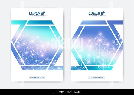 Modern vector template for brochure Leaflet flyer advert cover magazine or annual report. Geometric background molecule and communication. DNA Molecule Structure and Concept of Neurons. Stock Vector