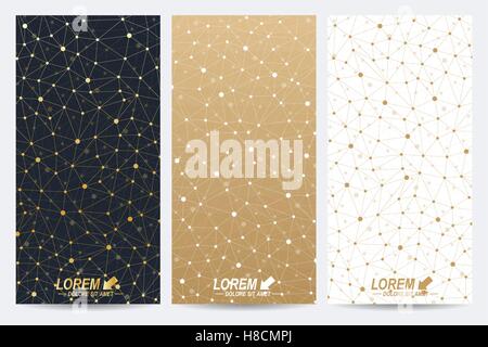 Modern golden set of vector flyers. Modern stylish polygonal pattern with connected line and dots. Molecule and communication background for medicine, science, technology, chemistry. Stock Vector