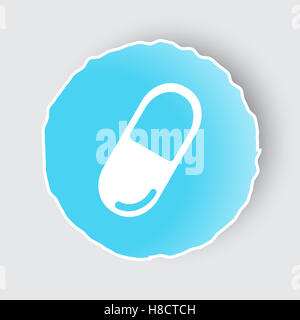Blue app button with Pill icon on white. Stock Photo