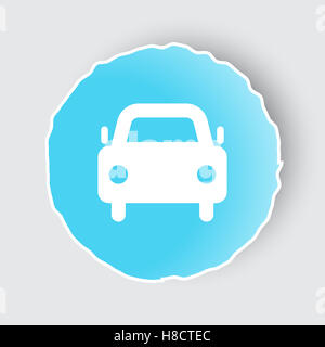 Blue app button with Car icon on white. Stock Photo