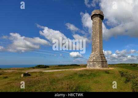 Hardy's Monument towering high on Blackdown Hill with seat overlooking sea, dramatic sky and cloudscape Stock Photo