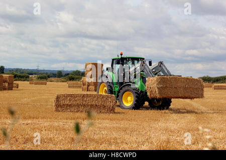 Seasonal harvester stacking  square straw bales Stock Photo
