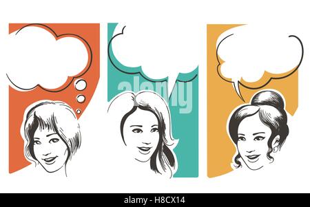 Speaking Girls with blank speech bubble drawn in retro style. Vector illustration. Stock Vector