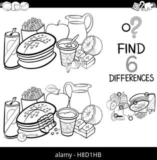 Black and White Cartoon Illustration of Finding the Difference Educational Activity for Children with Food Objects Coloring Page Stock Vector