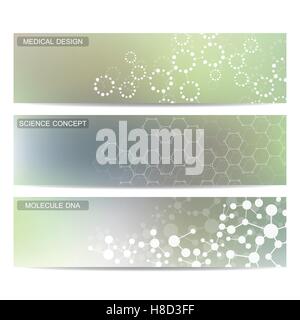 Set of modern scientific banners. Molecule structure DNA and neurons. Abstract background. Medicine, science, technology. Vector Stock Vector