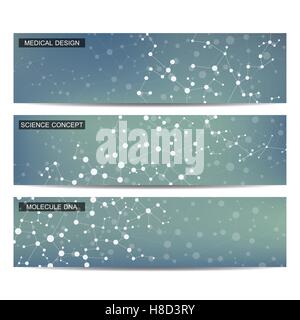 Set of modern scientific banners. Molecule structure DNA and neurons. Abstract background. Medicine, science, technology. Vector Stock Vector