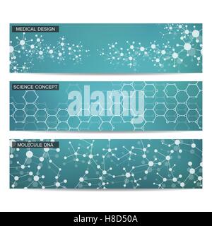 Set of modern scientific banners. Molecule structure DNA and neurons. Abstract background. Medicine, science, technology. Vector Stock Vector